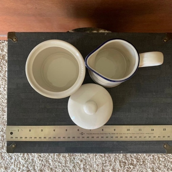 Lynns Stoneware Sugar & Creamer Set Glazed Blue Bands Simplistic Modern - Picture 9 of 11